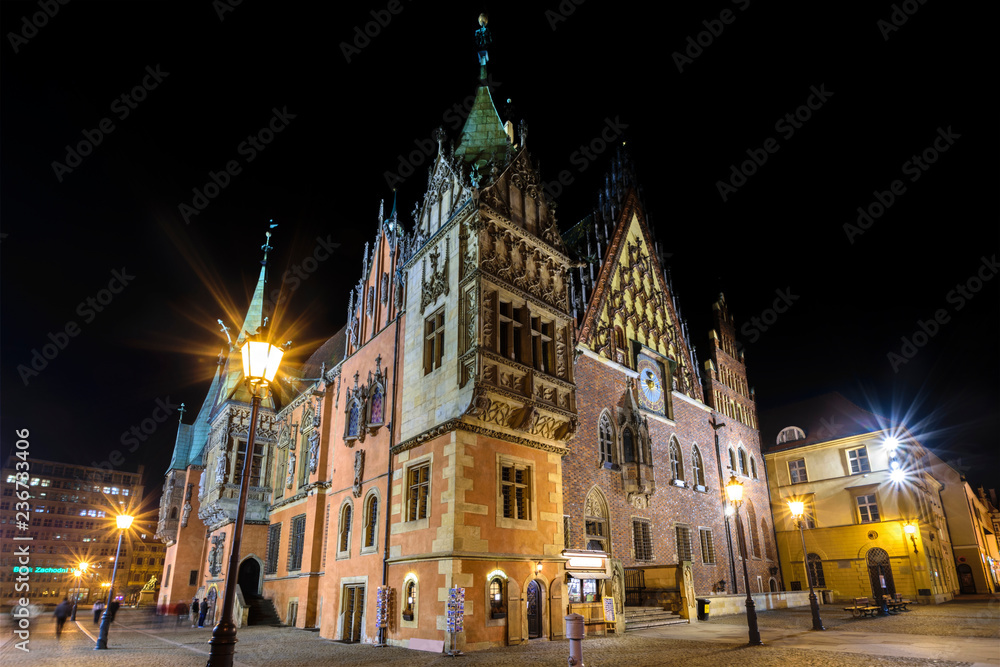 Night scene on Wroclaw Market Square with Town Hall, Poland