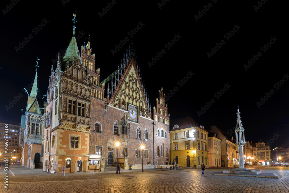 The Town Hall at the Stray Rynek square in the old town of Wroclaw in Poland in east Europe. Poland, Wroclaw.