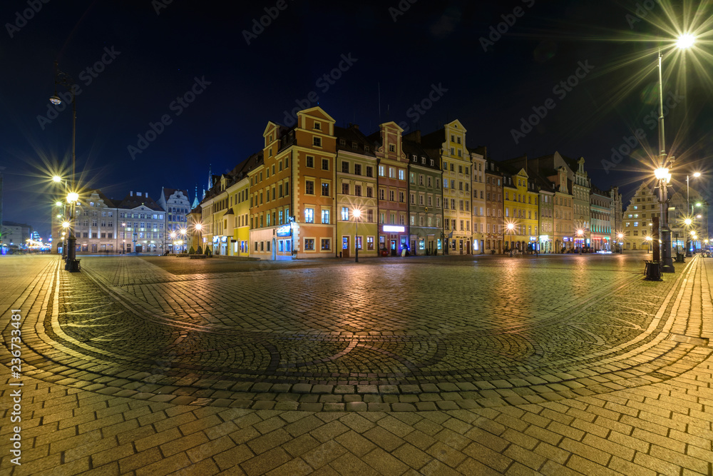 Night view of Plac Solny square in central Wroclaw, Poland