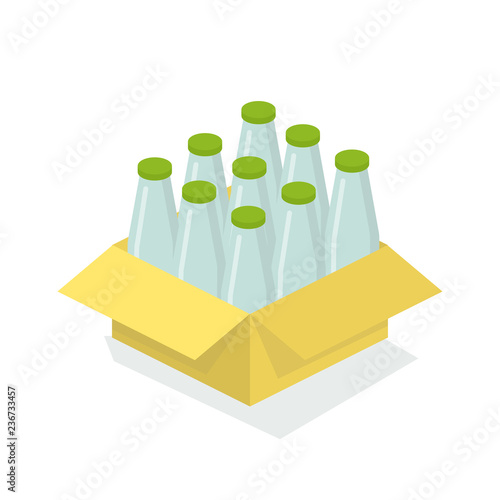 Carton box with glass bottles with milk productions.