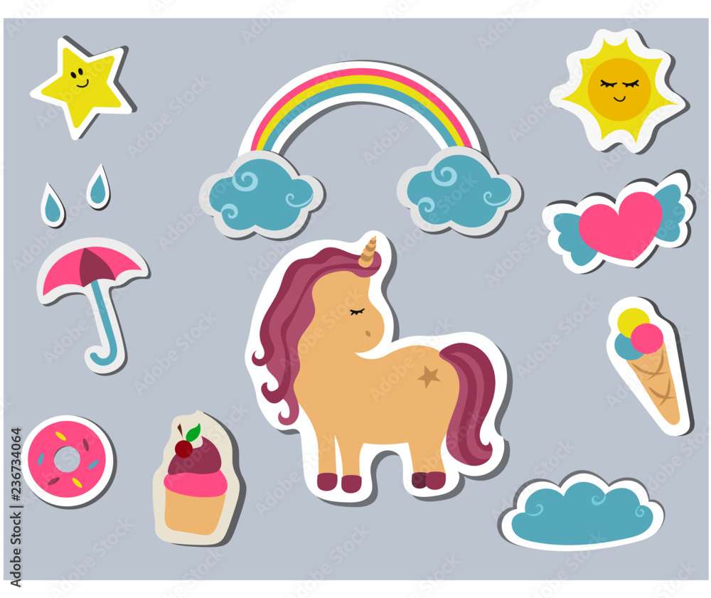 cute stickers with unicorn and weather, candy cute stickers with unicorn and weather, candy
