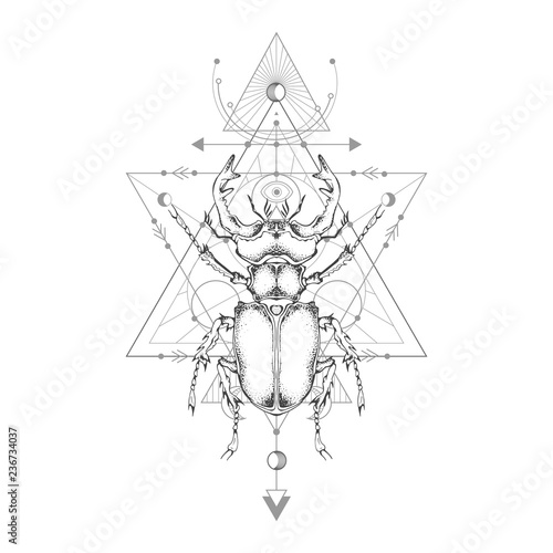 Vector illustration with hand drawn stag beetle and Sacred geometric symbol on white background. Abstract mystic sign.
