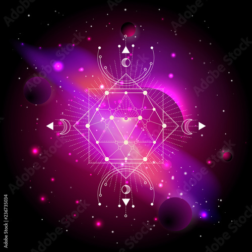 Vector illustration of Sacred or mystic symbol against the space background with planets and stars.