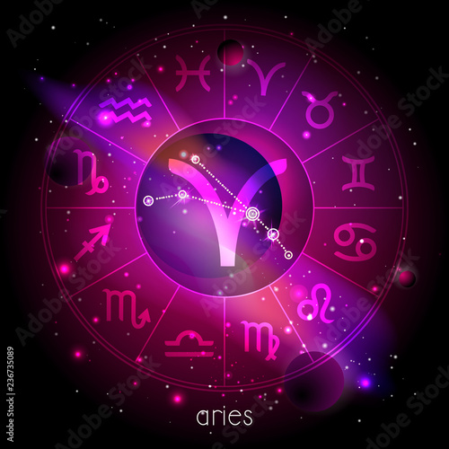 Vector illustration of sign and constellation ARIES with Horoscope circle against the space background.