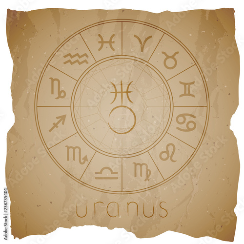 Vector illustration with Hand drawn astrological planet symbol URANUS on a grunge old background.