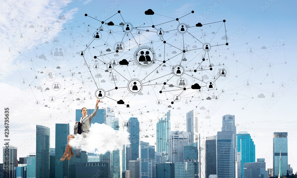 Elegant lady boss or accountant float on cloud and networking concept Elegant lady boss or accountant float on cloud and networking concept