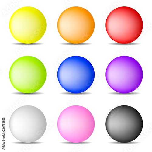 Set of Colorful Realistic Spheres isolated on white background. Glossy Shiny Spheres. Vector Illustration for Your Design, Game, Card.
