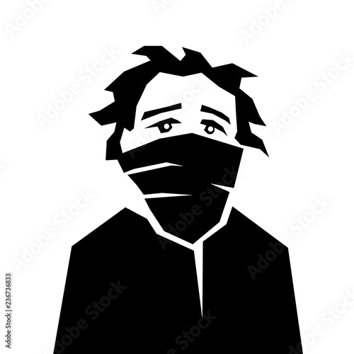 Protester and demonstrator with covered face by scarf. Young person of unknown identity is sad and desperate. Anarchist stencil art aesthetics. 