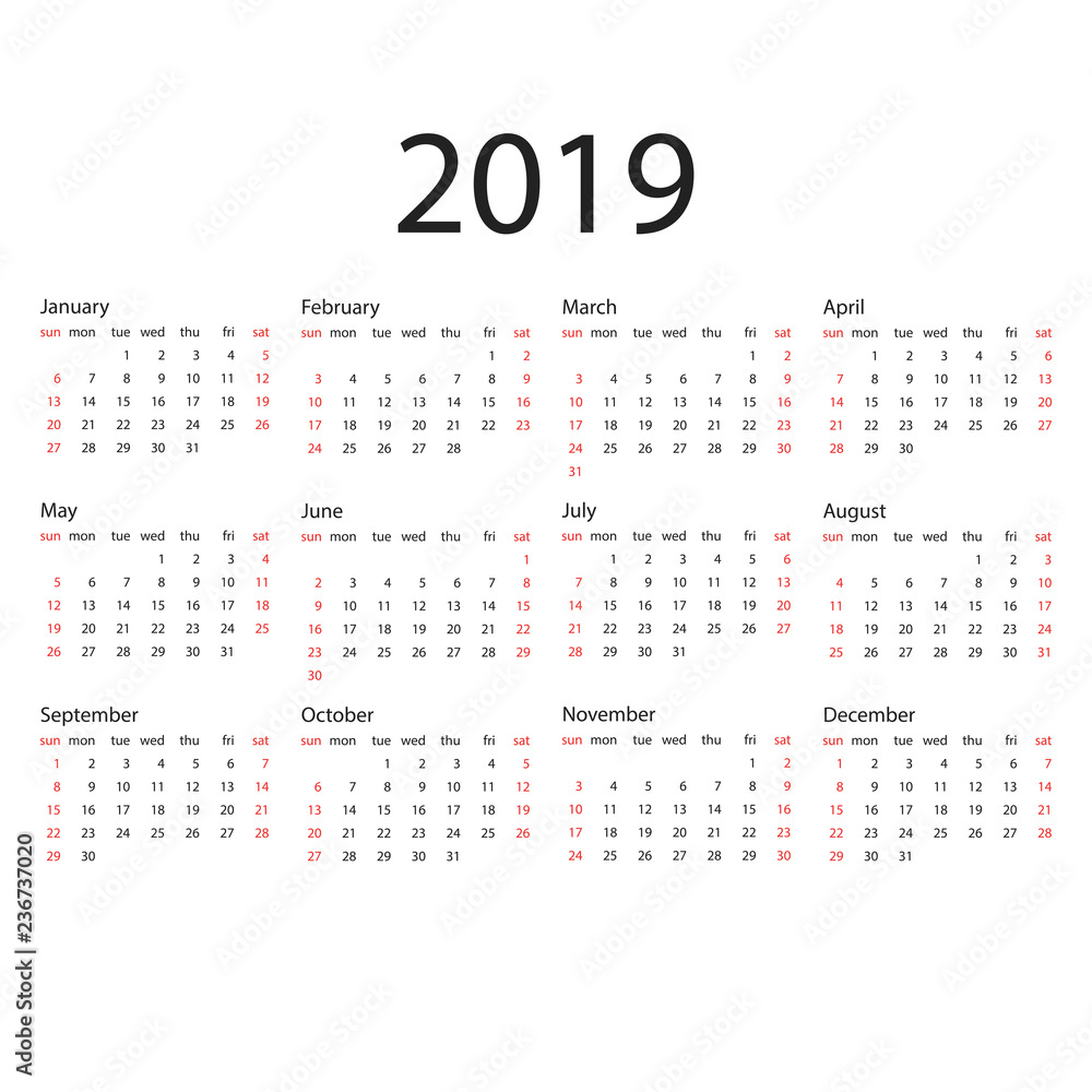 Calendar 2019 year in simple style. Calendar planner design template. Agenda monthly template. Business vector illustration. Calendar 2019 year in simple style. Calendar planner design template. Agenda monthly template. Business vector illustration.