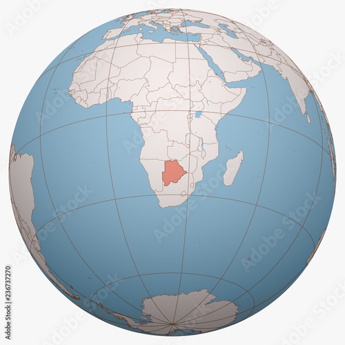 Botswana on the globe. Earth hemisphere centered at the location of the Republic of Botswana. Botswana map.