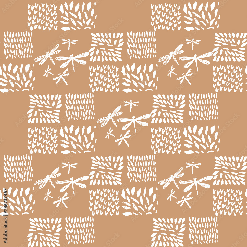 Fototapeta premium Decorative seamless pattern with dragonfly and abstract details. Vector seamless texture.For printing on packaging, textiles,fabric, paper and other materials.Vector illustration,