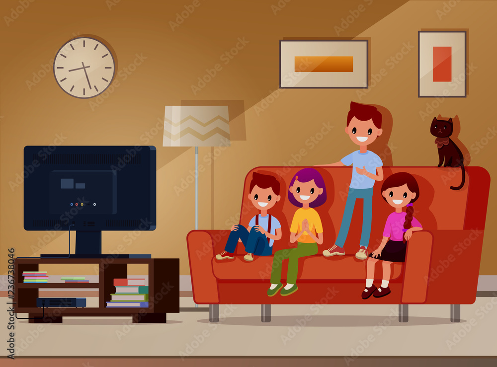 Kids sit on the couch and watch tv. Vector illustration. The style is flat. Cartoon style. Kids sit on the couch and watch tv. Vector illustration. The style is flat. Cartoon style.