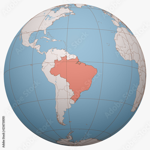 Brazil on the globe. Earth hemisphere centered at the location of the Federative Republic of Brazil. Brazil map.