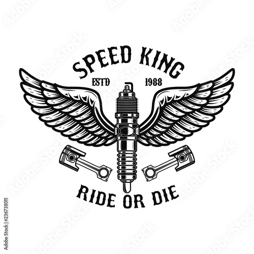 Winged motorcycle spark plug. Design elements for logo, label, sign, menu.