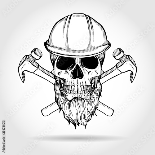 Hand drawn sketch, skull with axes