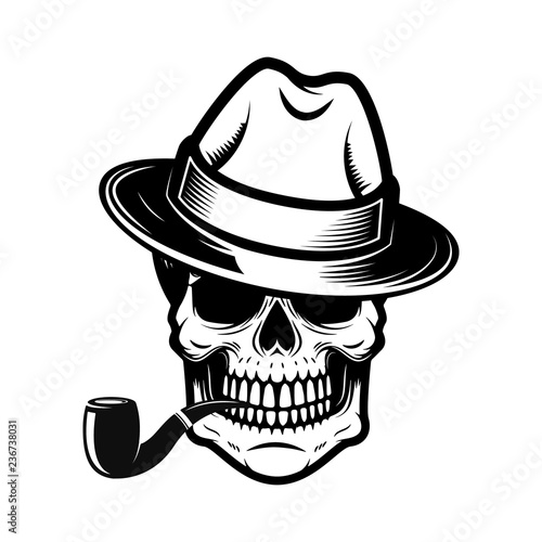 Gentleman skull with smoking pipe. Design element for logo,  label, sign, t shirt.