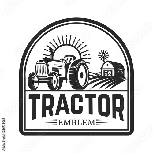 tractor emblem. Farmers market. Design element for logo, label, sign.