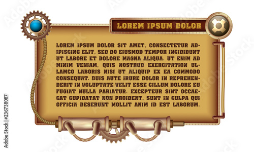 Freely editable mechanical banner decorated with brass gears, nozzles and rivets on a white Steampunk background.
