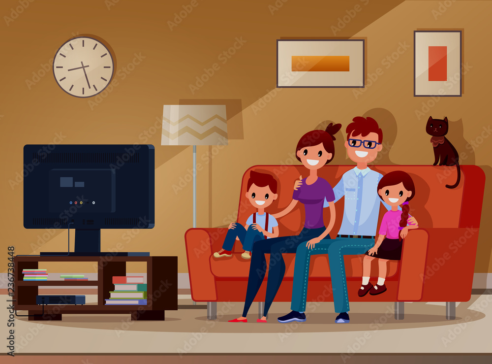 Family, children and parents watching TV. Children sitting on the couch and  watching a movie. kids watch TV and laugh. Vector. Illustration. Flat  style. Cartoon style Stock Vector | Adobe Stock