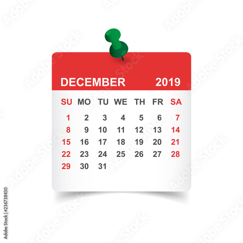 Calendar december 2019 year in paper sticker with pin. Calendar planner design template. Agenda december monthly reminder. Business vector illustration.