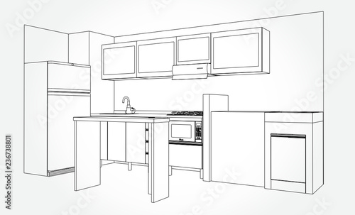 Hand drawn kitchen furniture. Vector illustration in sketch style. vector illustration kitchen furniture and equipment.