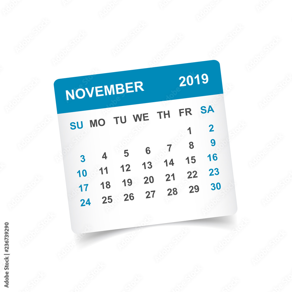 Calendar november 2019 year in paper sticker with shadow. Calendar planner design template. Agenda november monthly reminder. Business vector illustration. Calendar november 2019 year in paper sticker with shadow. Calendar planner design template. Agenda november monthly reminder. Business vector illustration.
