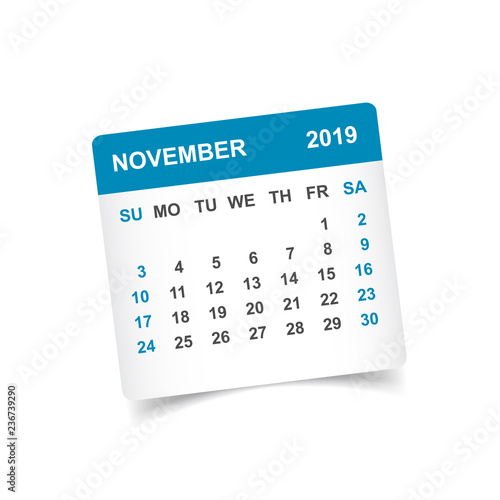 Calendar november 2019 year in paper sticker with shadow. Calendar planner design template. Agenda november monthly reminder. Business vector illustration.