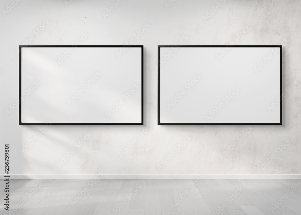 Two horizontal frames hanging on a wall mockup 3d rendering Two horizontal frames hanging on a wall mockup 3d rendering