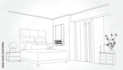 Linear sketch of an interior. Room plan. Sketch Line bedrooms. Vector illustration.outline sketch drawing perspective of a interior space