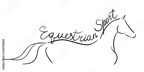 Equestrian sport. Hand drawing line silhouette horse on white with text lettering. Vector logo illustration.