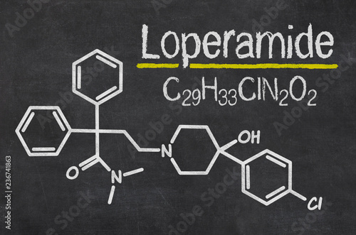 Blackboard with the chemical formula of Loperamide