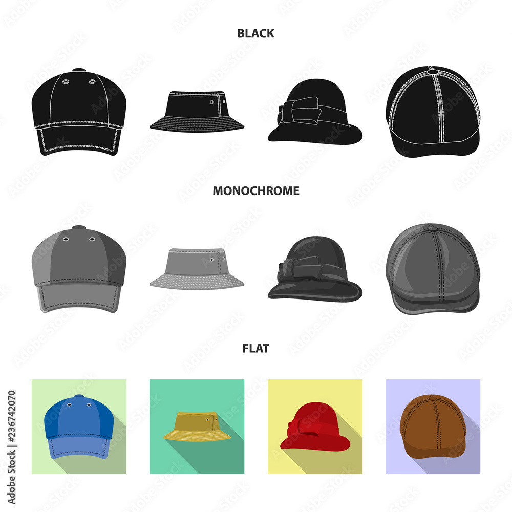 Isolated object of headgear and cap symbol. Set of headgear and accessory stock vector illustration. Isolated object of headgear and cap symbol. Set of headgear and accessory stock vector illustration.