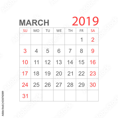 Calendar march 2019 year in simple style. Calendar planner design template. Agenda march monthly reminder. Business vector illustration.