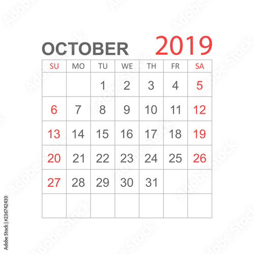 Calendar october 2019 year in simple style. Calendar planner design template. Agenda october monthly reminder. Business vector illustration.