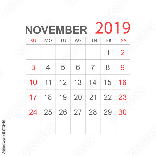 Calendar november 2019 year in simple style. Calendar planner design template. Agenda november monthly reminder. Business vector illustration.