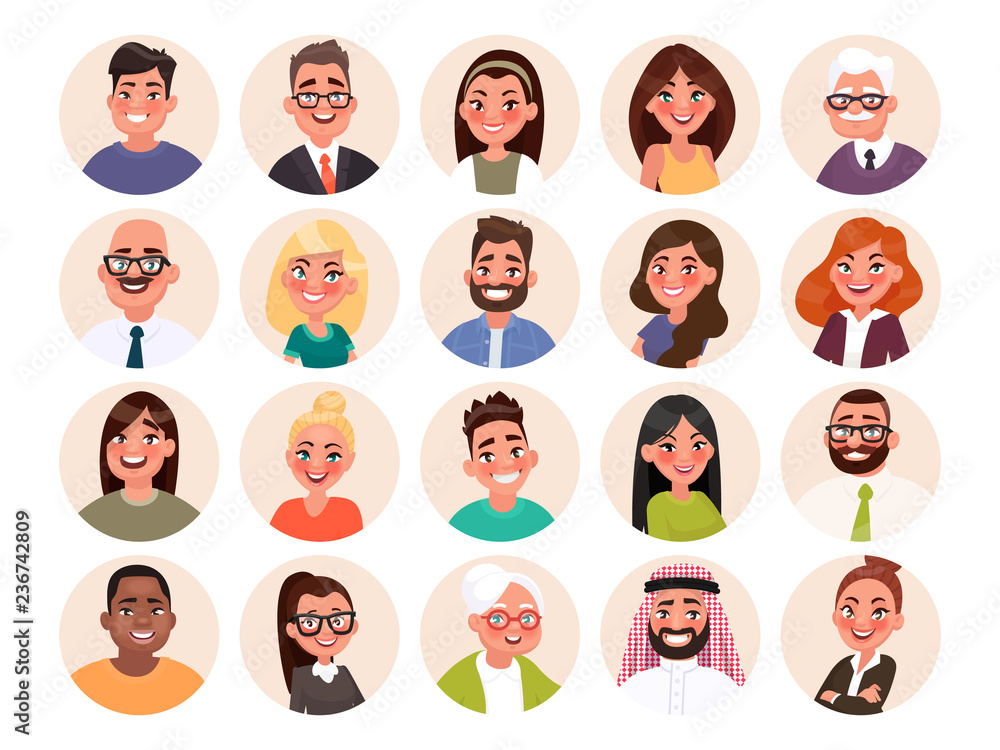 Set of avatars of happy people of different races and age. Portraits of men and women Set of avatars of happy people of different races and age. Portraits of men and women