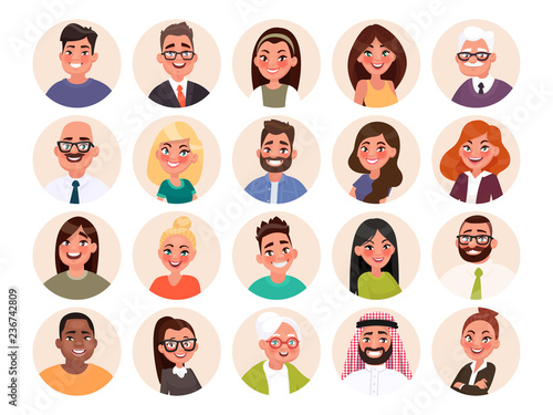 Set of avatars of happy people of different races and age. Portraits of men and women