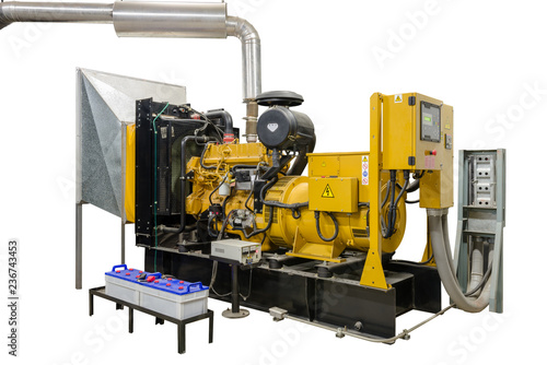 Large Electric Generator Emergency power supply in Generator Room. Powered by Diesel engine isolated on white background.
