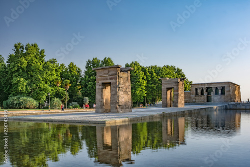 Ancient Egyptian Debot temple at sunset. One of the most main sightseeing monuments in Madrid, Spain.
