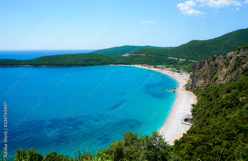 Beach Jaz Adriatic Sea. Top view from mountain. Sunny day