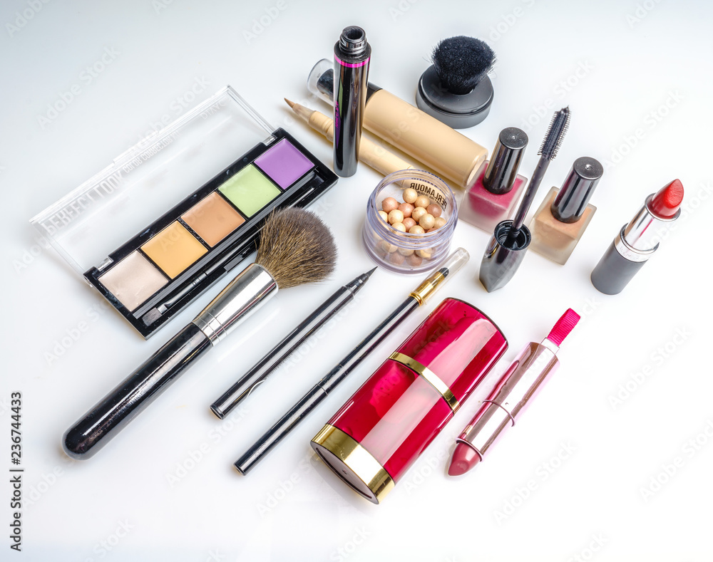 Set of decorative cosmetics, makeup tools and accessory on white background. Professional beauty, fashion and shopping concept. Set of decorative cosmetics, makeup tools and accessory on white background. Professional beauty, fashion and shopping concept.
