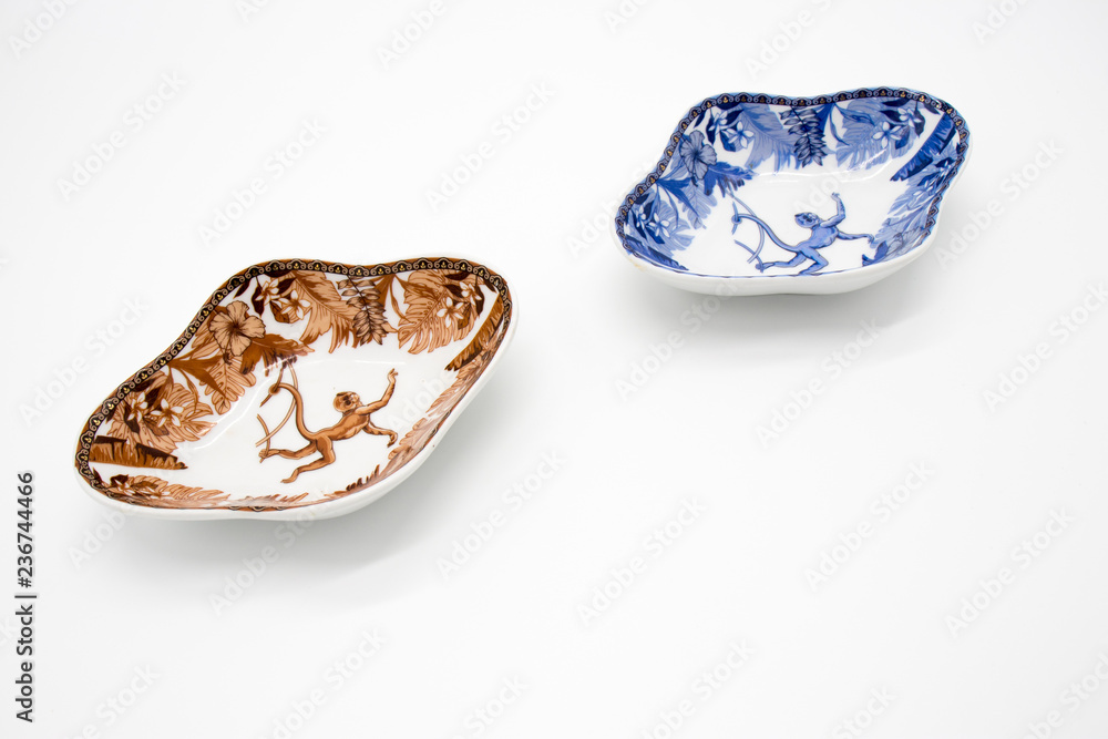 Fototapeta premium Saucer with image of a monkey in the jungle isolated on white background