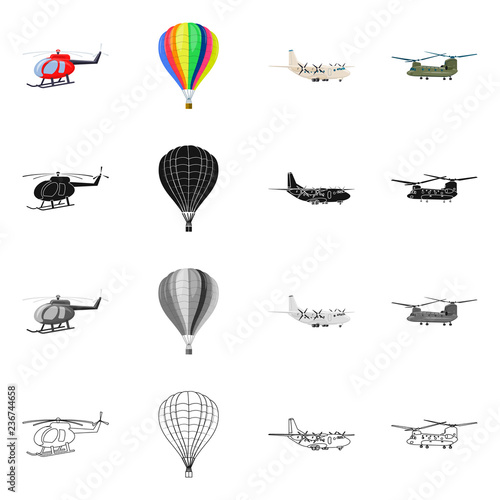 Vector illustration of plane and transport icon. Collection of plane and sky vector icon for stock.