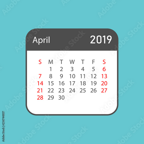 Calendar april 2019 year in simple style. Calendar planner design template. Agenda april monthly reminder. Business vector illustration.