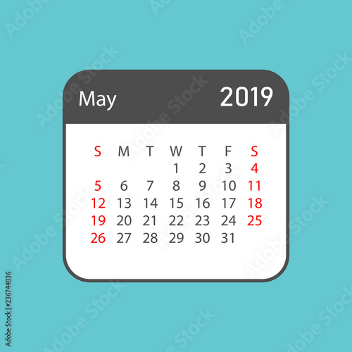 Calendar may 2019 year in simple style. Calendar planner design template. Agenda may monthly reminder. Business vector illustration.