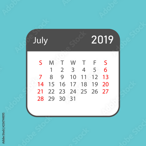 Calendar july 2019 year in simple style. Calendar planner design template. Agenda july monthly reminder. Business vector illustration.