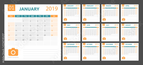Calendar 2019 year in simple style. Calendar planner design template. Agenda monthly template with company logo. Business vector illustration.