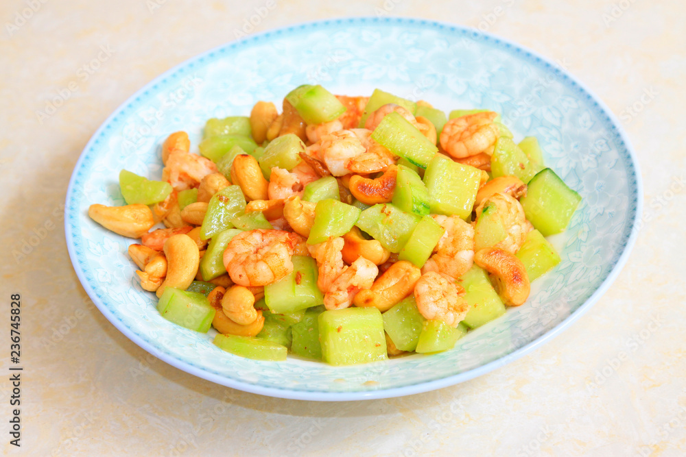 Chinese cuisine dishes, Fried shrimps with cashews Chinese cuisine dishes, Fried shrimps with cashews