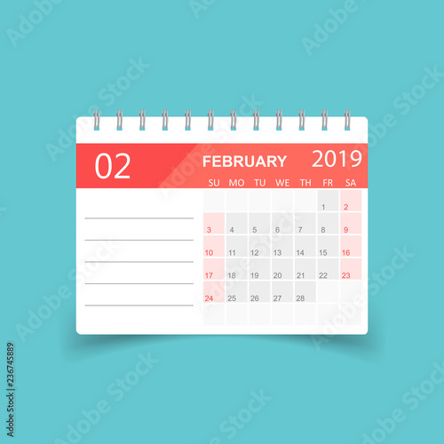 Calendar february 2019 year in paper sticker with shadow. Calendar planner design template. Agenda february monthly reminder. Business vector illustration.