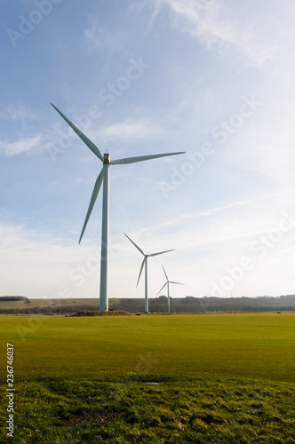 mulitple wind turbines in a turfed field on a sunny day
